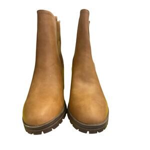 Dream pairs women high Chuncky strch 5 heel Brown Tan Med high Boot  hard bottom